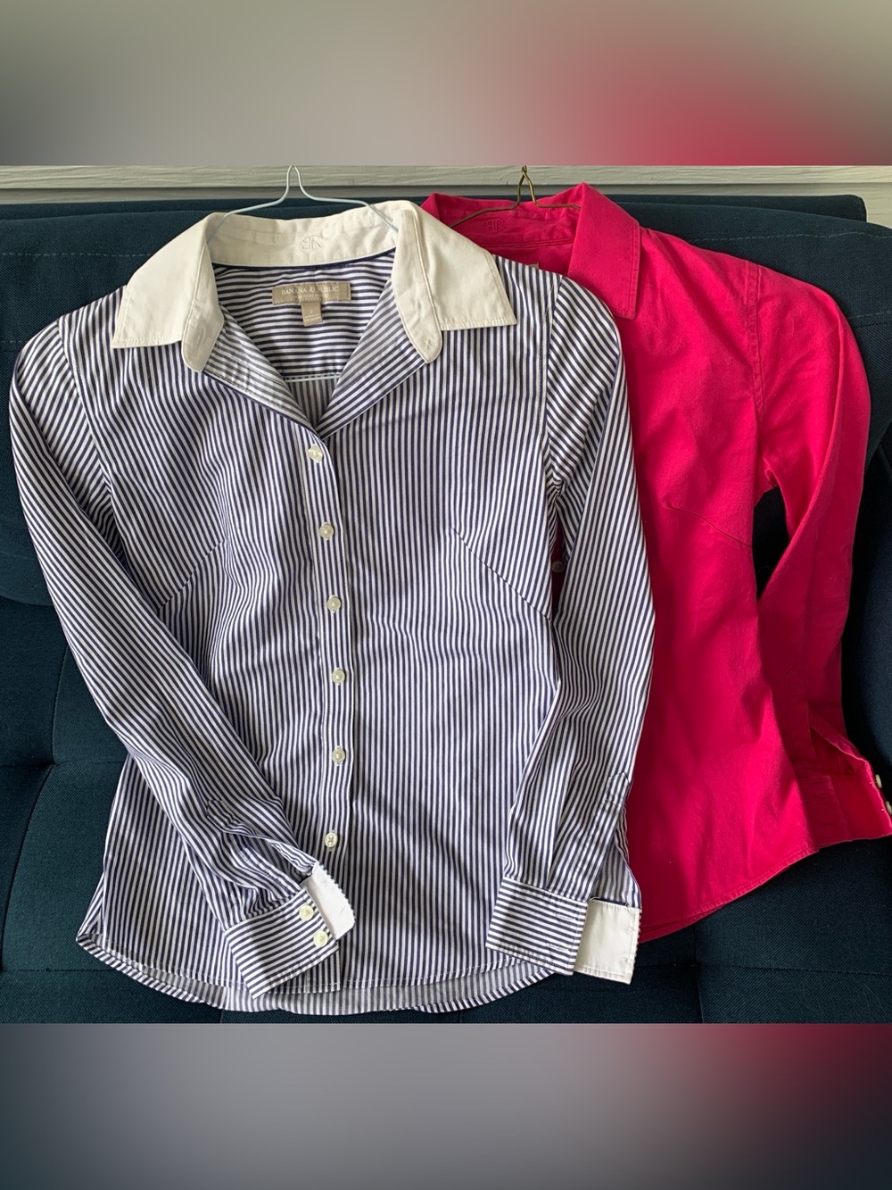 Banana Republic Navy Stripe Button-Down with White Collar & Pink Button Shirt